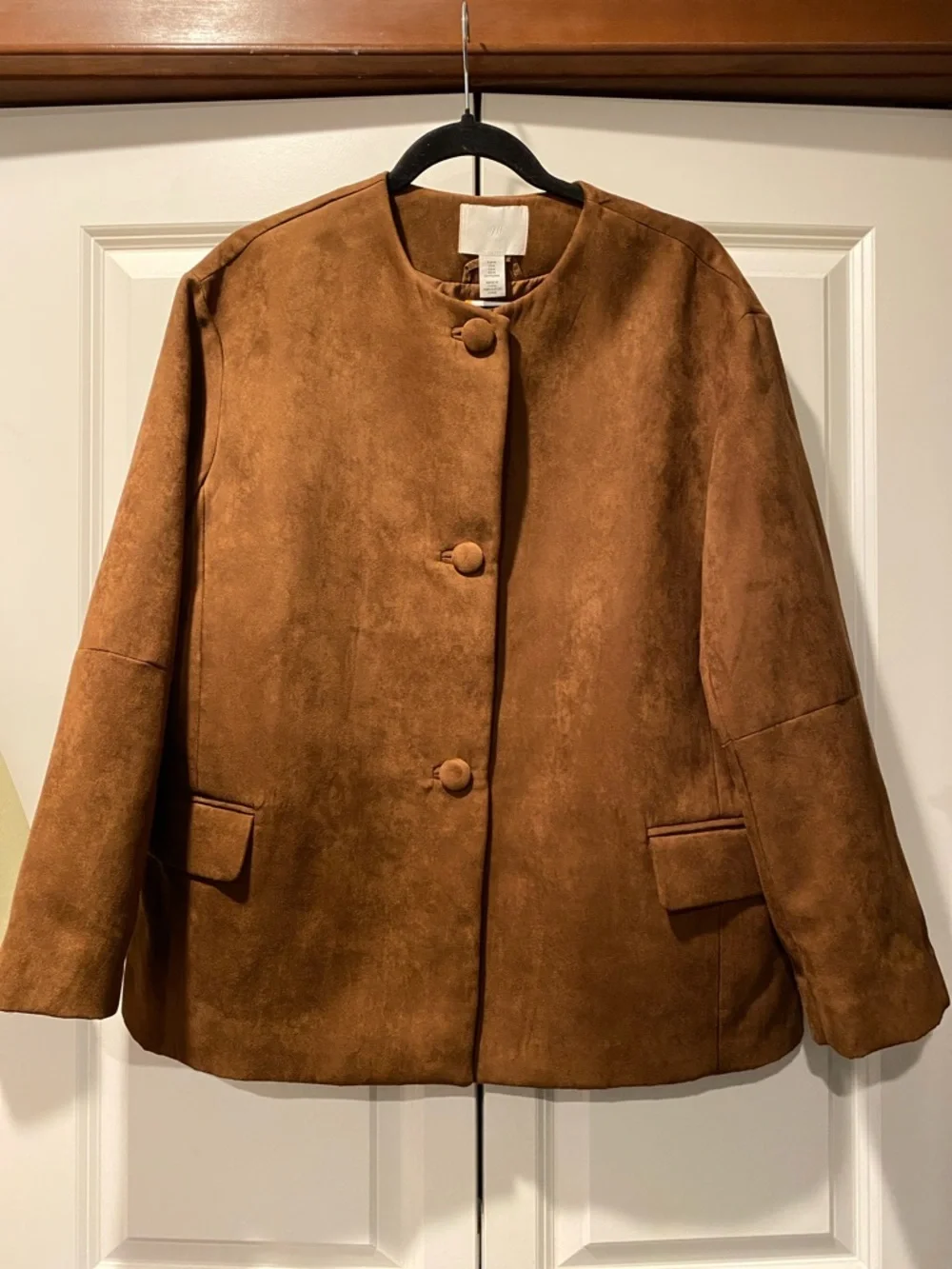 NWT H&M Classic Brown Faux Suede Collarless Jacket. Size Medium. - Picture 11 of 13